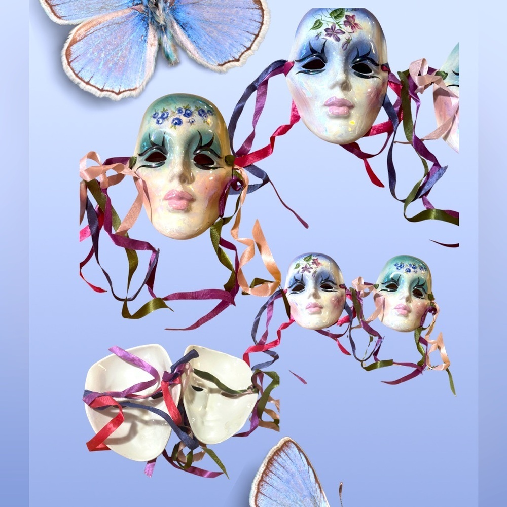 Decorative Pair of Ceramic Floral & Mother of Pearl Shine w/Colorful Ribbons